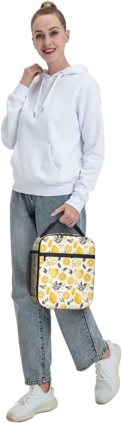 Lunch Bag Lemon Watercolor Fruit Insulated Bento Box Cooler with Side Pocket for Girl Boy Women Men Work School Picnic Hiking Daytrip