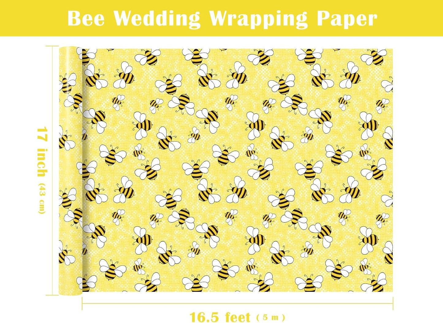 Bee Wedding Wrapping Paper - Mini Roll - 17 Inch x 16.5 Feet - Bright Yellow Bee Wrapping Paper Perfect for Bridal Shower, Wedding, Birthday, Baby Shower