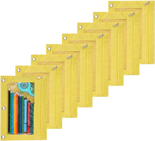 Zippered Pen Pencil Binder Pouch | 3 Rings with Clear Window for School Classroom Organizers 8 Pcs (yellow)