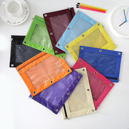 Zippered Pen Pencil Binder Pouch | 3 Rings with Clear Window for School Classroom Organizers 8 Pcs (yellow)