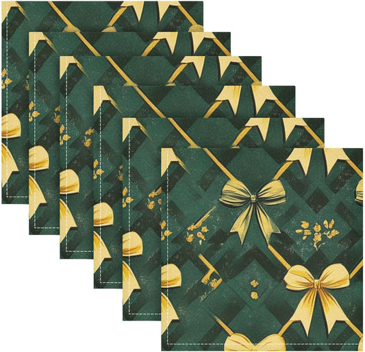 Vintage Yellow Bows Green Shapes Harvest Cloth Dinner Napkins Kitchen Reusable Cloth Napkins Cotton Polyester Color Napkin for Wedding Set of 6, 20 x 20in