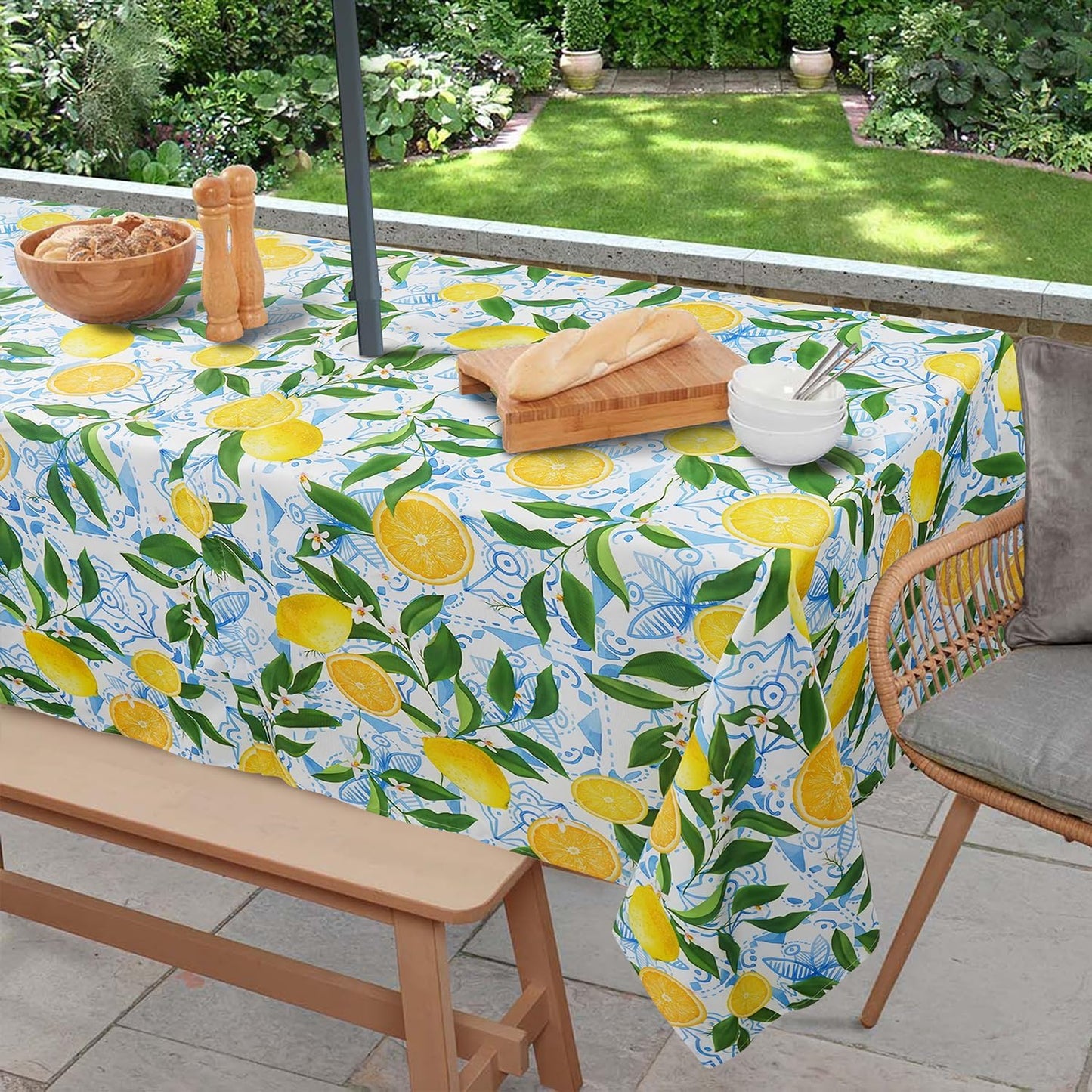 Outdoor Tablecloth with Umbrella Hole and Zipper, Rectangle Patio Table Covers for Spring/Summer, Machine Washable Outdoor Picnic Table Cloth (Lemon, 60" × 84" Rectangular)