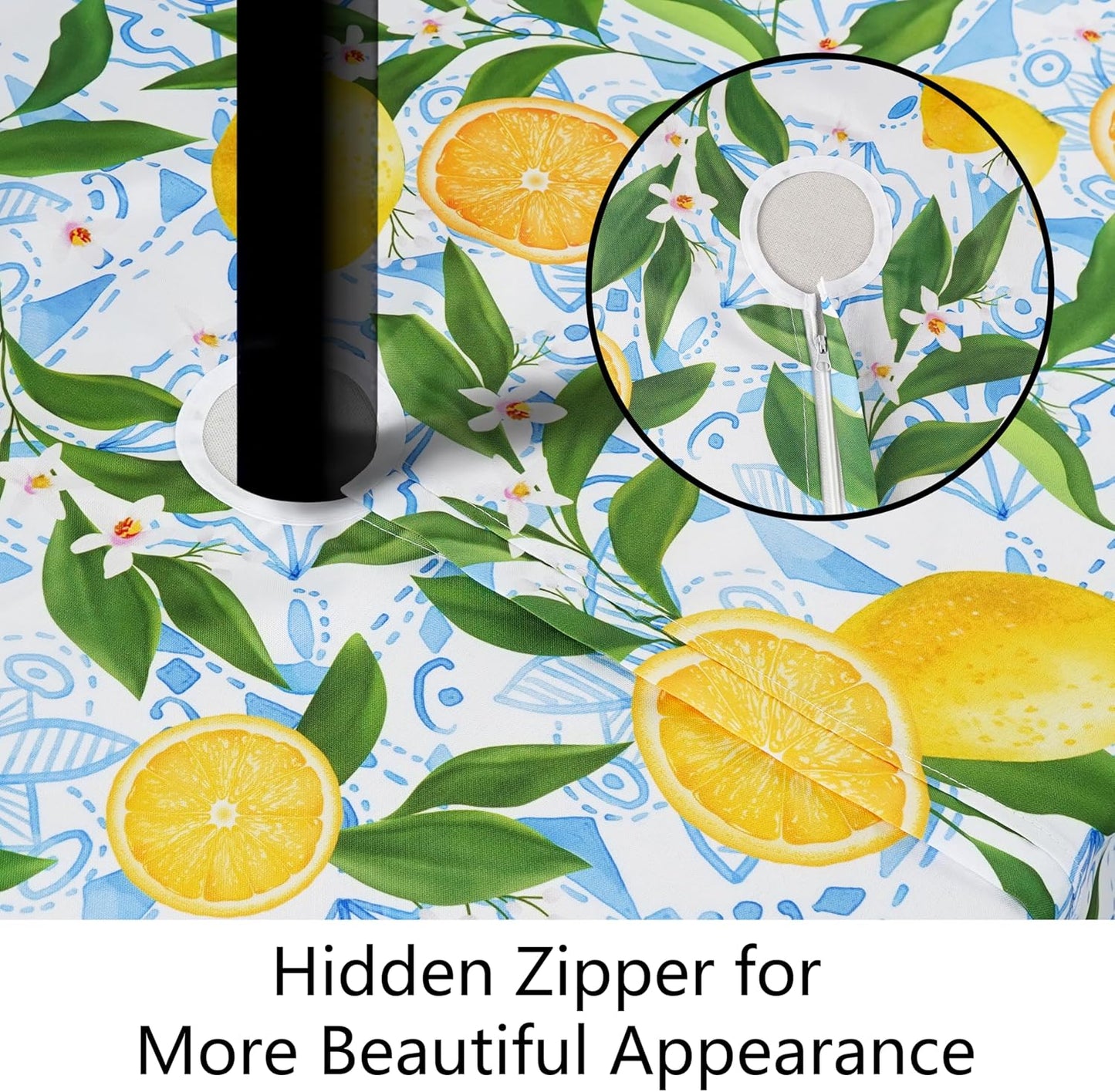 Outdoor Tablecloth with Umbrella Hole and Zipper, Rectangle Patio Table Covers for Spring/Summer, Machine Washable Outdoor Picnic Table Cloth (Lemon, 60" × 84" Rectangular)