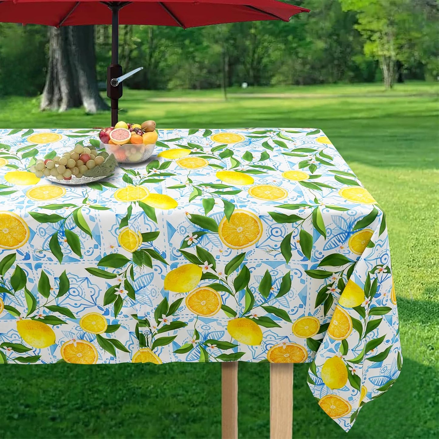 Outdoor Tablecloth with Umbrella Hole and Zipper, Rectangle Patio Table Covers for Spring/Summer, Machine Washable Outdoor Picnic Table Cloth (Lemon, 60" × 84" Rectangular)