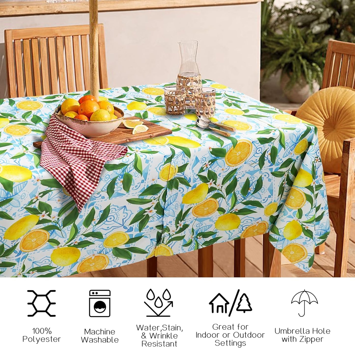 Outdoor Tablecloth with Umbrella Hole and Zipper, Rectangle Patio Table Covers for Spring/Summer, Machine Washable Outdoor Picnic Table Cloth (Lemon, 60" × 84" Rectangular)