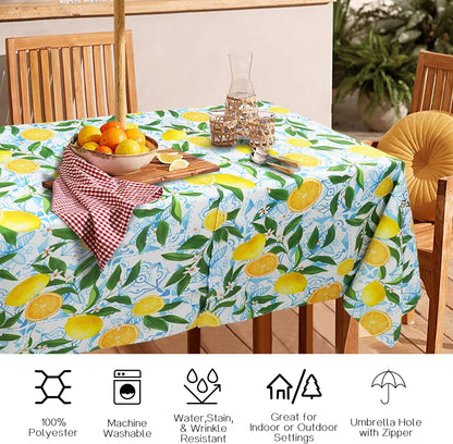 Outdoor Tablecloth with Umbrella Hole and Zipper, Rectangle Patio Table Covers for Spring/Summer, Machine Washable Outdoor Picnic Table Cloth (Lemon, 60" × 84" Rectangular)