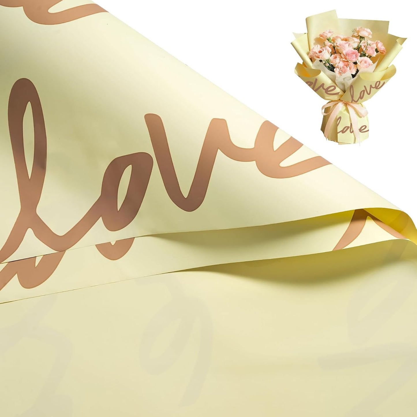 20 Sheets Flower Wrapping Paper - 22.4 x 22.4 inch Beige Yellow and Love Word Water-Resistant Floral Bouquet Wrapping Paper, Florist Supplies Packaging for Valentine's Day Wedding