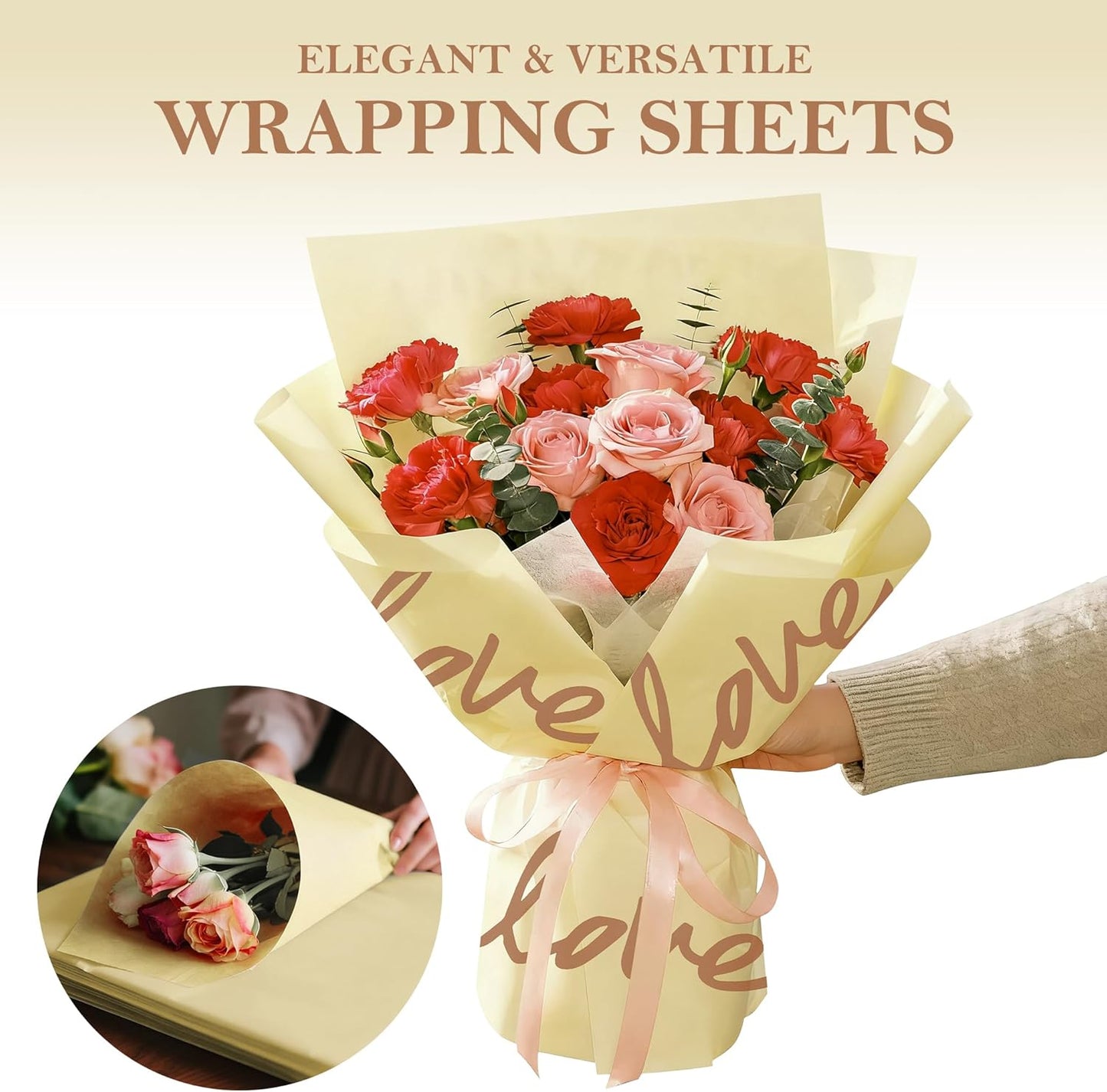 20 Sheets Flower Wrapping Paper - 22.4 x 22.4 inch Beige Yellow and Love Word Water-Resistant Floral Bouquet Wrapping Paper, Florist Supplies Packaging for Valentine's Day Wedding