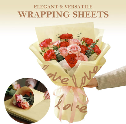 20 Sheets Flower Wrapping Paper - 22.4 x 22.4 inch Beige Yellow and Love Word Water-Resistant Floral Bouquet Wrapping Paper, Florist Supplies Packaging for Valentine's Day Wedding