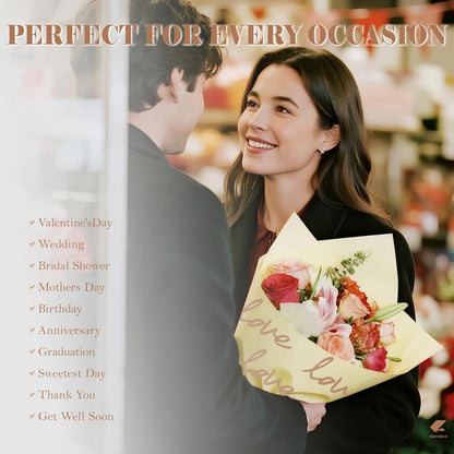 20 Sheets Flower Wrapping Paper - 22.4 x 22.4 inch Beige Yellow and Love Word Water-Resistant Floral Bouquet Wrapping Paper, Florist Supplies Packaging for Valentine's Day Wedding