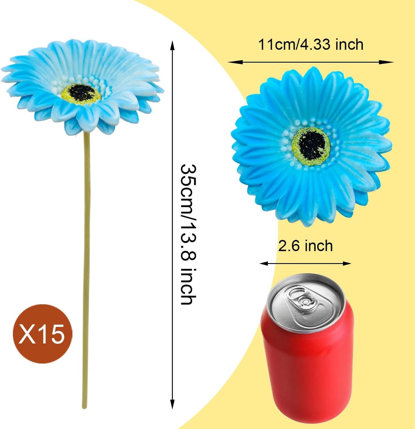 15 Pcs Artificial Gerbera Daisies Flowers Fake Daisy Real Touch | PU Faux Flowers Bouquet for Indoor Home Arrangements Vase Wedding Party Table Centerpiece DIY Floral Decor (Yellow)
