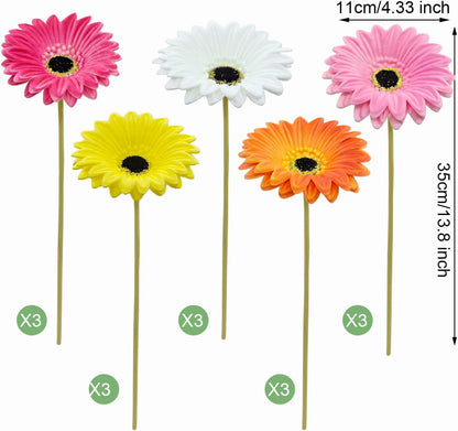 15 Pcs Artificial Gerbera Daisies Flowers Fake Daisy Real Touch | PU Faux Flowers Bouquet for Indoor Home Arrangements Vase Wedding Party Table Centerpiece DIY Floral Decor (Yellow)