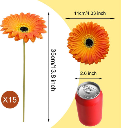 15 Pcs Artificial Gerbera Daisies Flowers Fake Daisy Real Touch | PU Faux Flowers Bouquet for Indoor Home Arrangements Vase Wedding Party Table Centerpiece DIY Floral Decor (Yellow)