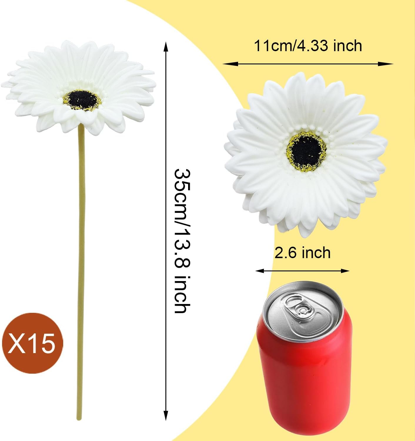 15 Pcs Artificial Gerbera Daisies Flowers Fake Daisy Real Touch | PU Faux Flowers Bouquet for Indoor Home Arrangements Vase Wedding Party Table Centerpiece DIY Floral Decor (Yellow)