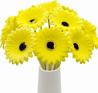 15 Pcs Artificial Gerbera Daisies Flowers Fake Daisy Real Touch | PU Faux Flowers Bouquet for Indoor Home Arrangements Vase Wedding Party Table Centerpiece DIY Floral Decor (Yellow)