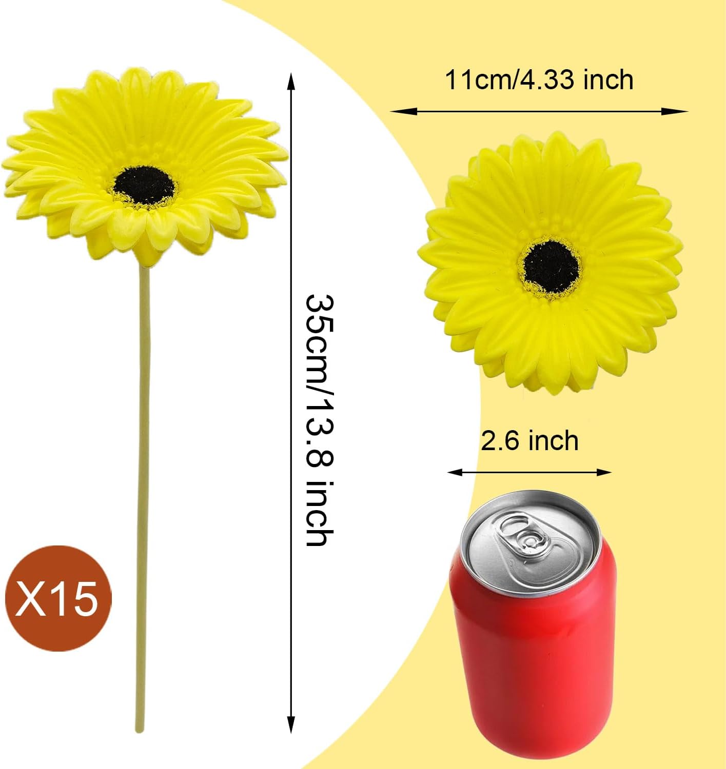 15 Pcs Artificial Gerbera Daisies Flowers Fake Daisy Real Touch | PU Faux Flowers Bouquet for Indoor Home Arrangements Vase Wedding Party Table Centerpiece DIY Floral Decor (Yellow)