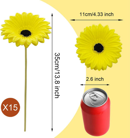 15 Pcs Artificial Gerbera Daisies Flowers Fake Daisy Real Touch | PU Faux Flowers Bouquet for Indoor Home Arrangements Vase Wedding Party Table Centerpiece DIY Floral Decor (Yellow)