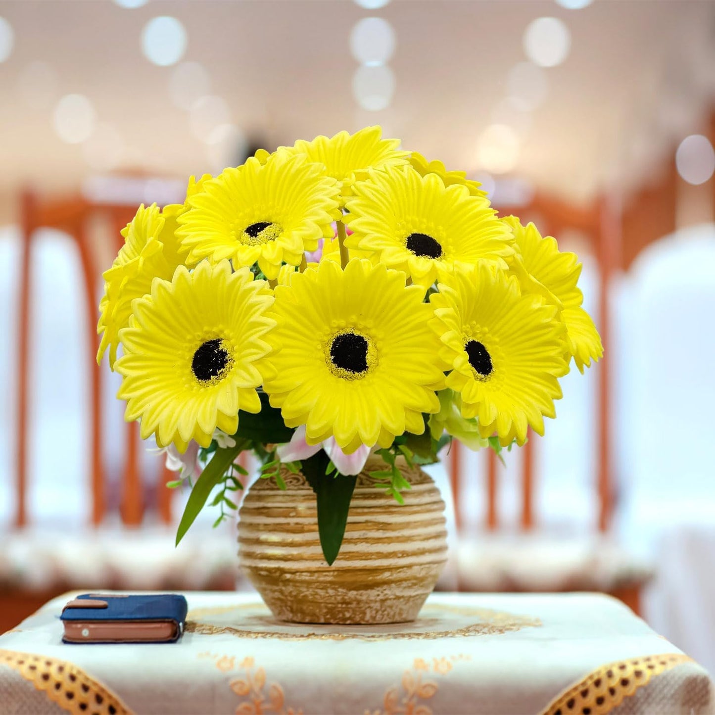 15 Pcs Artificial Gerbera Daisies Flowers Fake Daisy Real Touch | PU Faux Flowers Bouquet for Indoor Home Arrangements Vase Wedding Party Table Centerpiece DIY Floral Decor (Yellow)