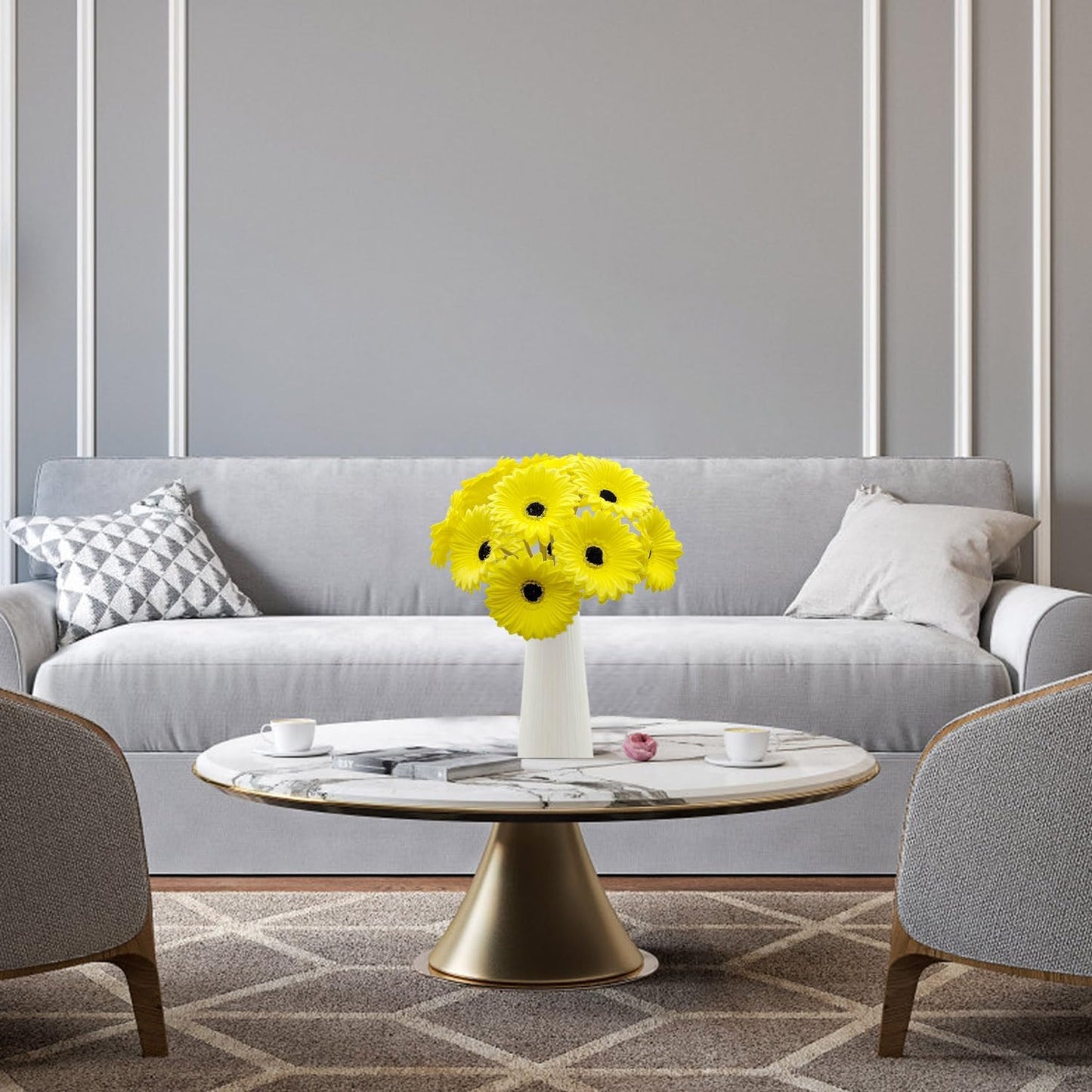 15 Pcs Artificial Gerbera Daisies Flowers Fake Daisy Real Touch | PU Faux Flowers Bouquet for Indoor Home Arrangements Vase Wedding Party Table Centerpiece DIY Floral Decor (Yellow)