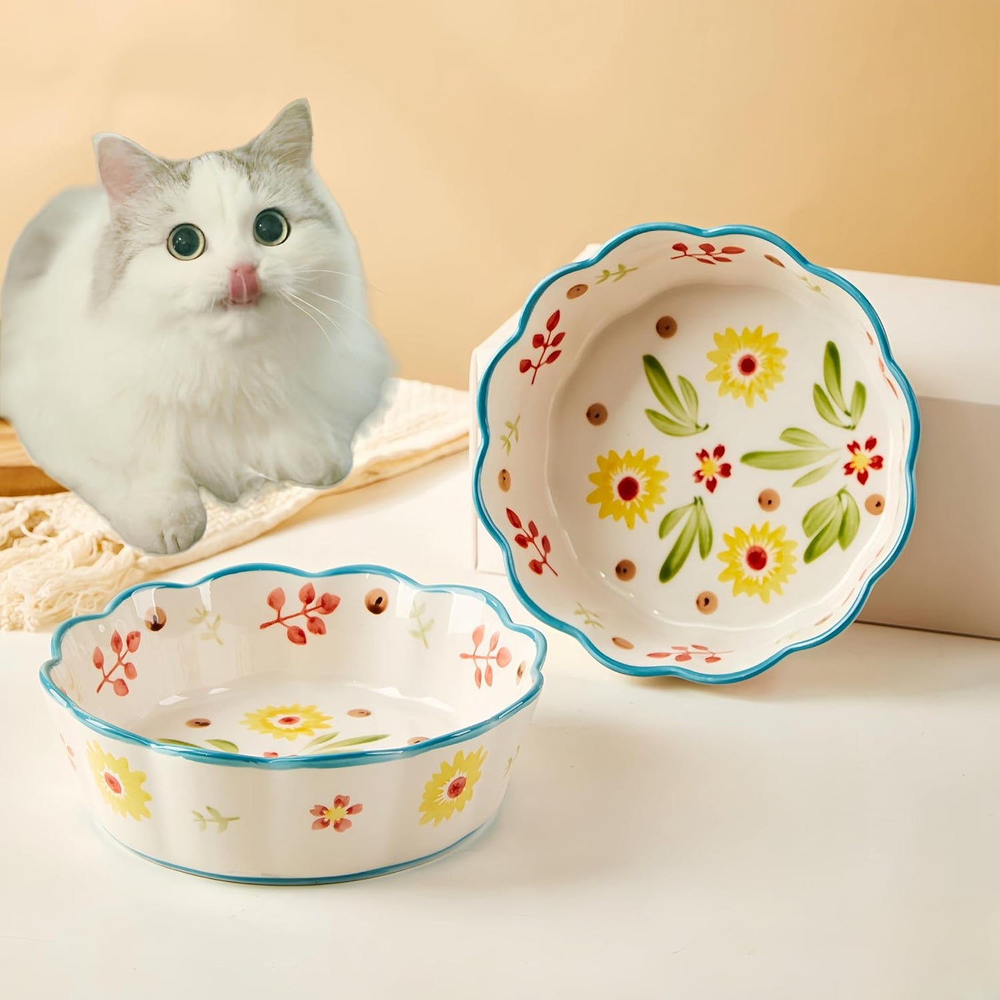 Hand Painted Cat Bowl Ceramic, Shallow Wide Cat Food Bowl Whisker Friendly | Crafted Lead-Free Glaze, Large-capacity, Suitable for Dry Food, Wet Food and Water, 2-Pack, Oven Microwave Tolerant