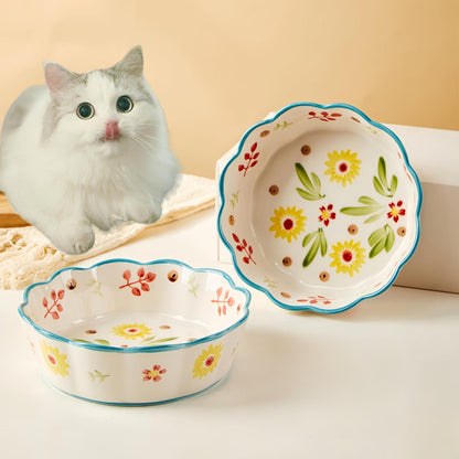 Hand Painted Cat Bowl Ceramic, Shallow Wide Cat Food Bowl Whisker Friendly | Crafted Lead-Free Glaze, Large-capacity, Suitable for Dry Food, Wet Food and Water, 2-Pack, Oven Microwave Tolerant
