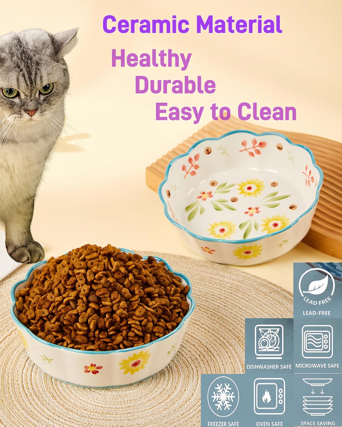 Hand Painted Cat Bowl Ceramic, Shallow Wide Cat Food Bowl Whisker Friendly | Crafted Lead-Free Glaze, Large-capacity, Suitable for Dry Food, Wet Food and Water, 2-Pack, Oven Microwave Tolerant