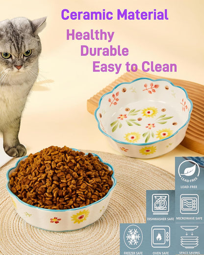 Hand Painted Cat Bowl Ceramic, Shallow Wide Cat Food Bowl Whisker Friendly | Crafted Lead-Free Glaze, Large-capacity, Suitable for Dry Food, Wet Food and Water, 2-Pack, Oven Microwave Tolerant
