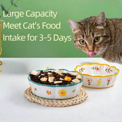 Hand Painted Cat Bowl Ceramic, Shallow Wide Cat Food Bowl Whisker Friendly | Crafted Lead-Free Glaze, Large-capacity, Suitable for Dry Food, Wet Food and Water, 2-Pack, Oven Microwave Tolerant