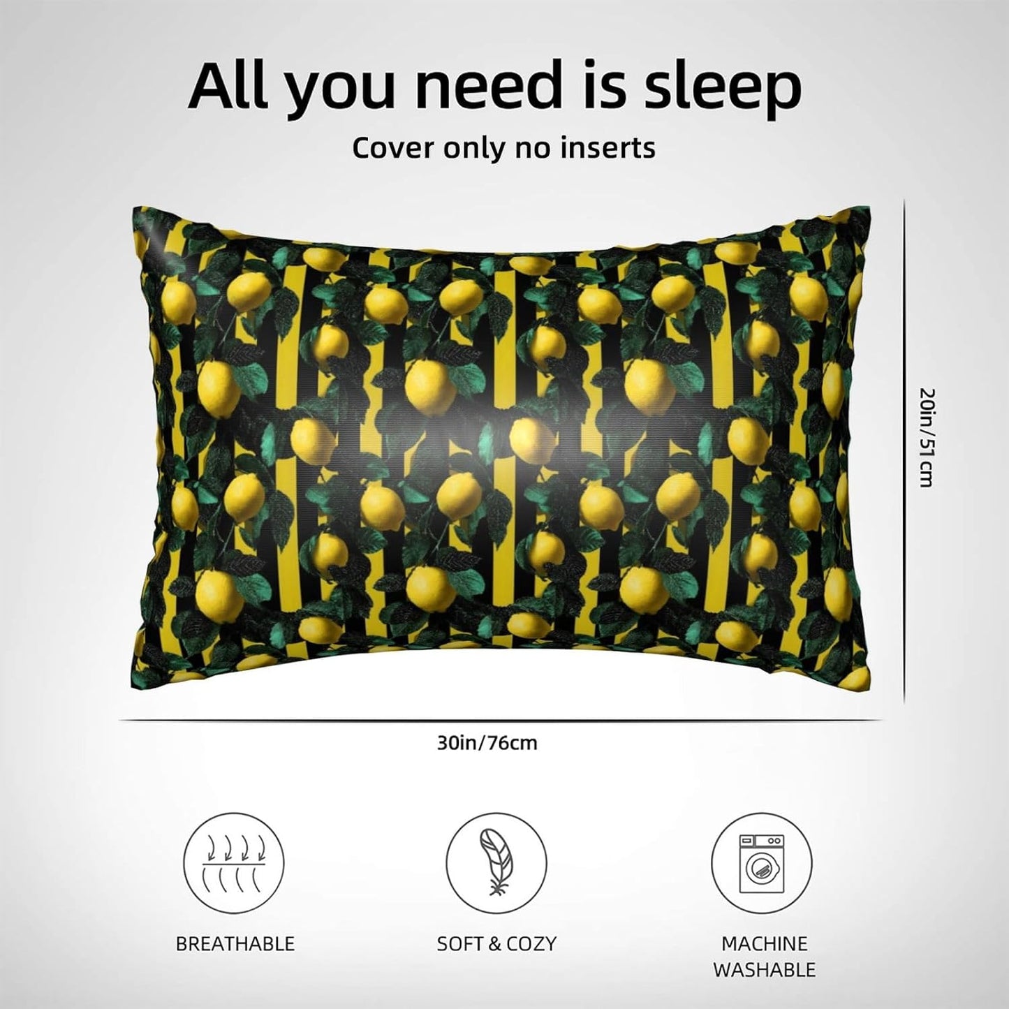 Yellow Black Striped Lemon Print Satin Pillowcase for Hair and Skin, 20x30 Inches Pillow Cases, Queen Size Pillowcases with Zipper, Similar to Silk Pillow Covers