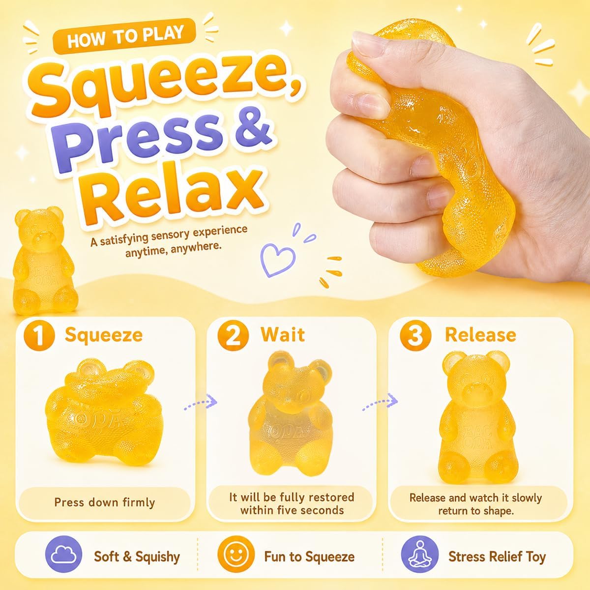 Gummy Bear Squishy Fidget ,Yellow Taba Squishy Bear Squeeze Toys | Pocket Size Non-Sticky Slow Rising Stress Ball for Anxiety Relief,Quiet Sensory Desk Toy for Kid Adult with Autism,Odor Free