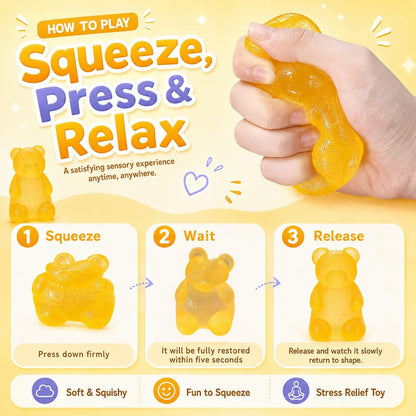 Gummy Bear Squishy Fidget ,Yellow Taba Squishy Bear Squeeze Toys | Pocket Size Non-Sticky Slow Rising Stress Ball for Anxiety Relief,Quiet Sensory Desk Toy for Kid Adult with Autism,Odor Free