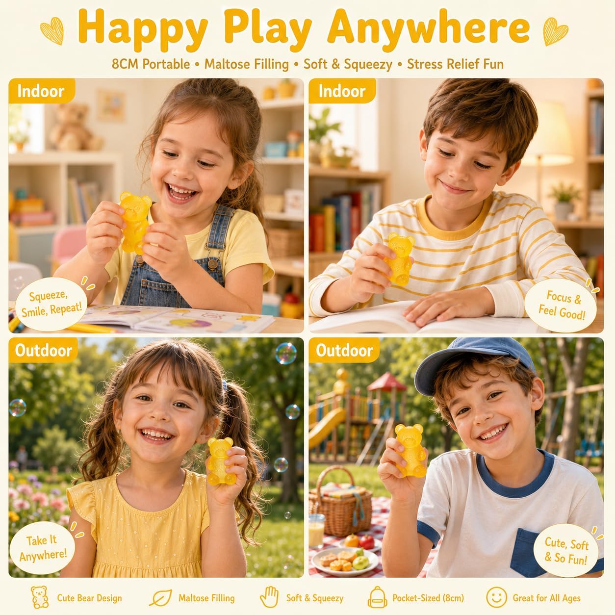 Gummy Bear Squishy Fidget ,Yellow Taba Squishy Bear Squeeze Toys | Pocket Size Non-Sticky Slow Rising Stress Ball for Anxiety Relief,Quiet Sensory Desk Toy for Kid Adult with Autism,Odor Free