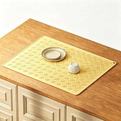 Silicone Dish Drying Mat 22.8 Inch Foldable for Kitchen Counter & Pet Bowl | Beige/Yellow 2 sizes, heat resistant, hangable pet food mat, coffee trivet, baking sheet, fridge liner