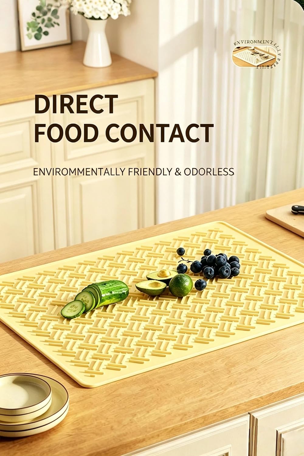 Silicone Dish Drying Mat 22.8 Inch Foldable for Kitchen Counter & Pet Bowl | Beige/Yellow 2 sizes, heat resistant, hangable pet food mat, coffee trivet, baking sheet, fridge liner