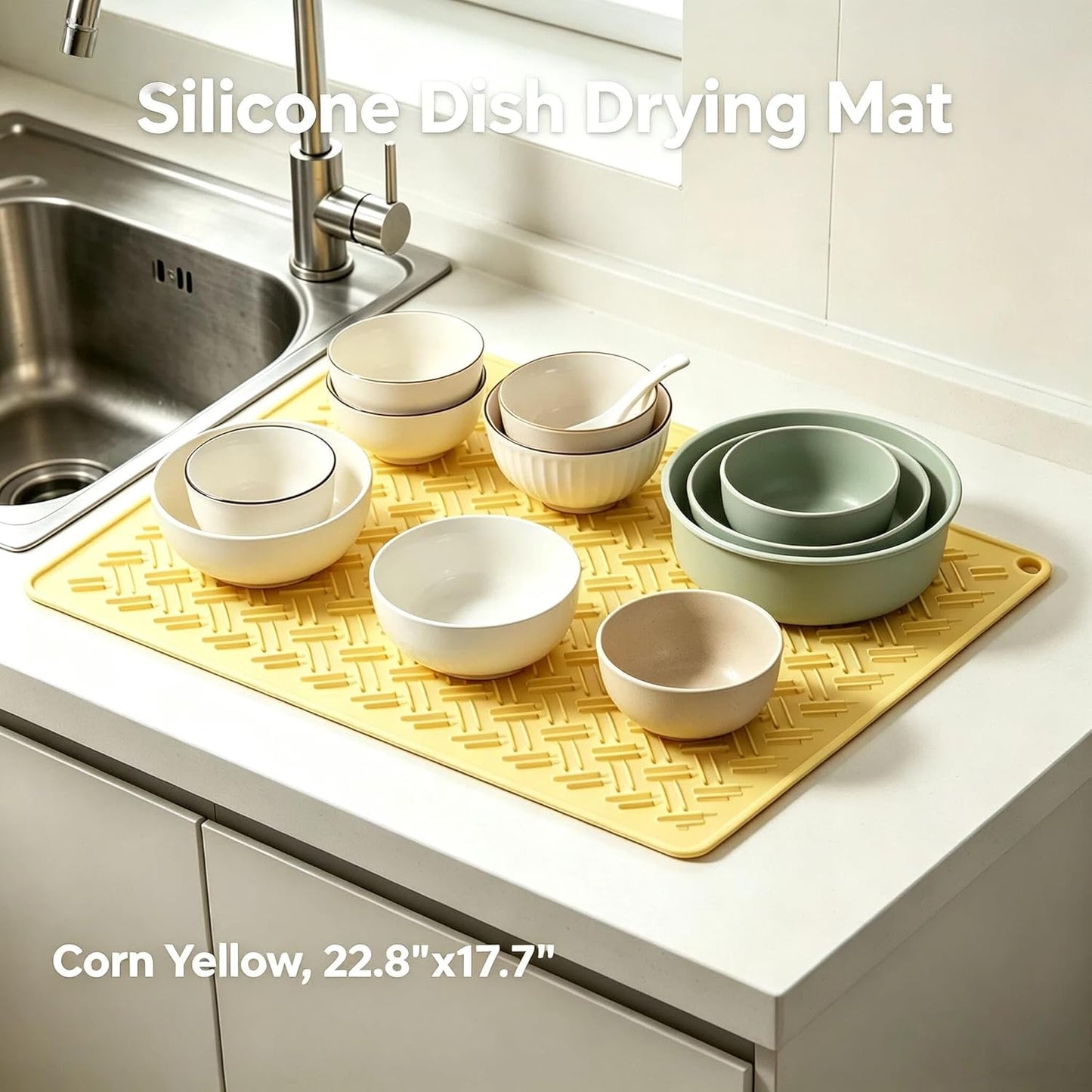 Silicone Dish Drying Mat 22.8 Inch Foldable for Kitchen Counter & Pet Bowl | Beige/Yellow 2 sizes, heat resistant, hangable pet food mat, coffee trivet, baking sheet, fridge liner