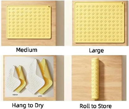 Silicone Dish Drying Mat 22.8 Inch Foldable for Kitchen Counter & Pet Bowl | Beige/Yellow 2 sizes, heat resistant, hangable pet food mat, coffee trivet, baking sheet, fridge liner