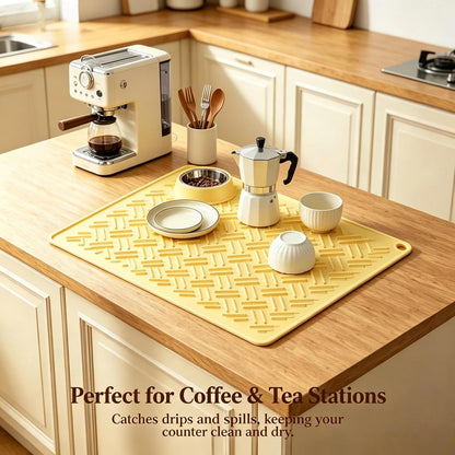 Silicone Dish Drying Mat 22.8 Inch Foldable for Kitchen Counter & Pet Bowl | Beige/Yellow 2 sizes, heat resistant, hangable pet food mat, coffee trivet, baking sheet, fridge liner