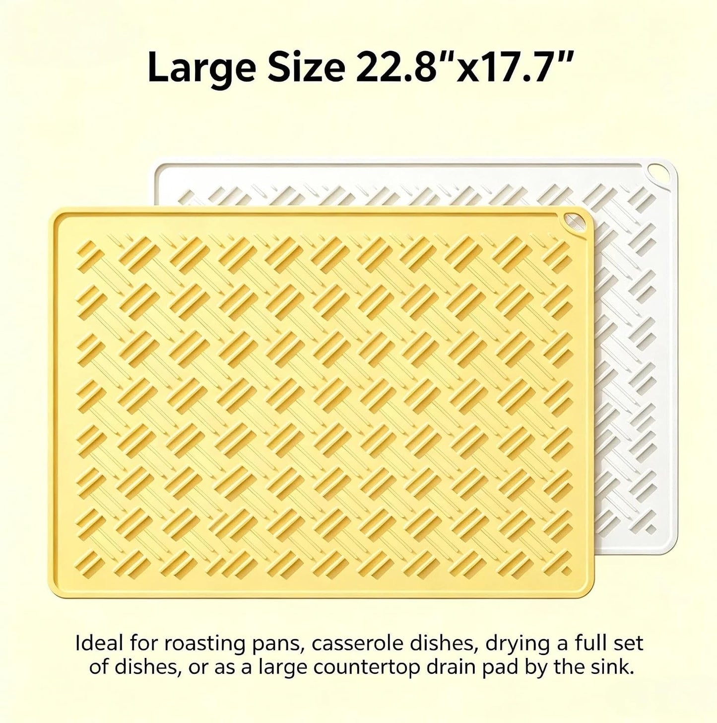 Silicone Dish Drying Mat 22.8 Inch Foldable for Kitchen Counter & Pet Bowl | Beige/Yellow 2 sizes, heat resistant, hangable pet food mat, coffee trivet, baking sheet, fridge liner