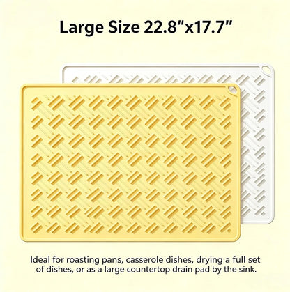 Silicone Dish Drying Mat 22.8 Inch Foldable for Kitchen Counter & Pet Bowl | Beige/Yellow 2 sizes, heat resistant, hangable pet food mat, coffee trivet, baking sheet, fridge liner