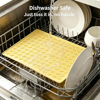 Silicone Dish Drying Mat 22.8 Inch Foldable for Kitchen Counter & Pet Bowl | Beige/Yellow 2 sizes, heat resistant, hangable pet food mat, coffee trivet, baking sheet, fridge liner
