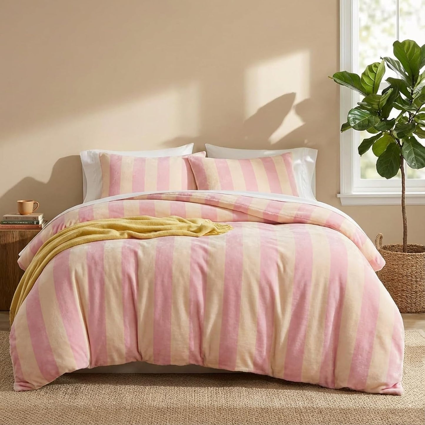 Pink Striped Comforter Set King Size Luxury Velvet Comforter Set Cozy Reversible Fleece Soft & Warm Fluffy Flannel Bedding Blush Yellow Stripes Pattern King Bed Set 3 Pcs with Pillowcases