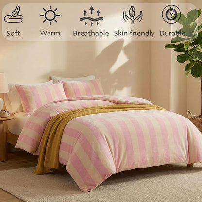 Pink Striped Comforter Set King Size Luxury Velvet Comforter Set Cozy Reversible Fleece Soft & Warm Fluffy Flannel Bedding Blush Yellow Stripes Pattern King Bed Set 3 Pcs with Pillowcases