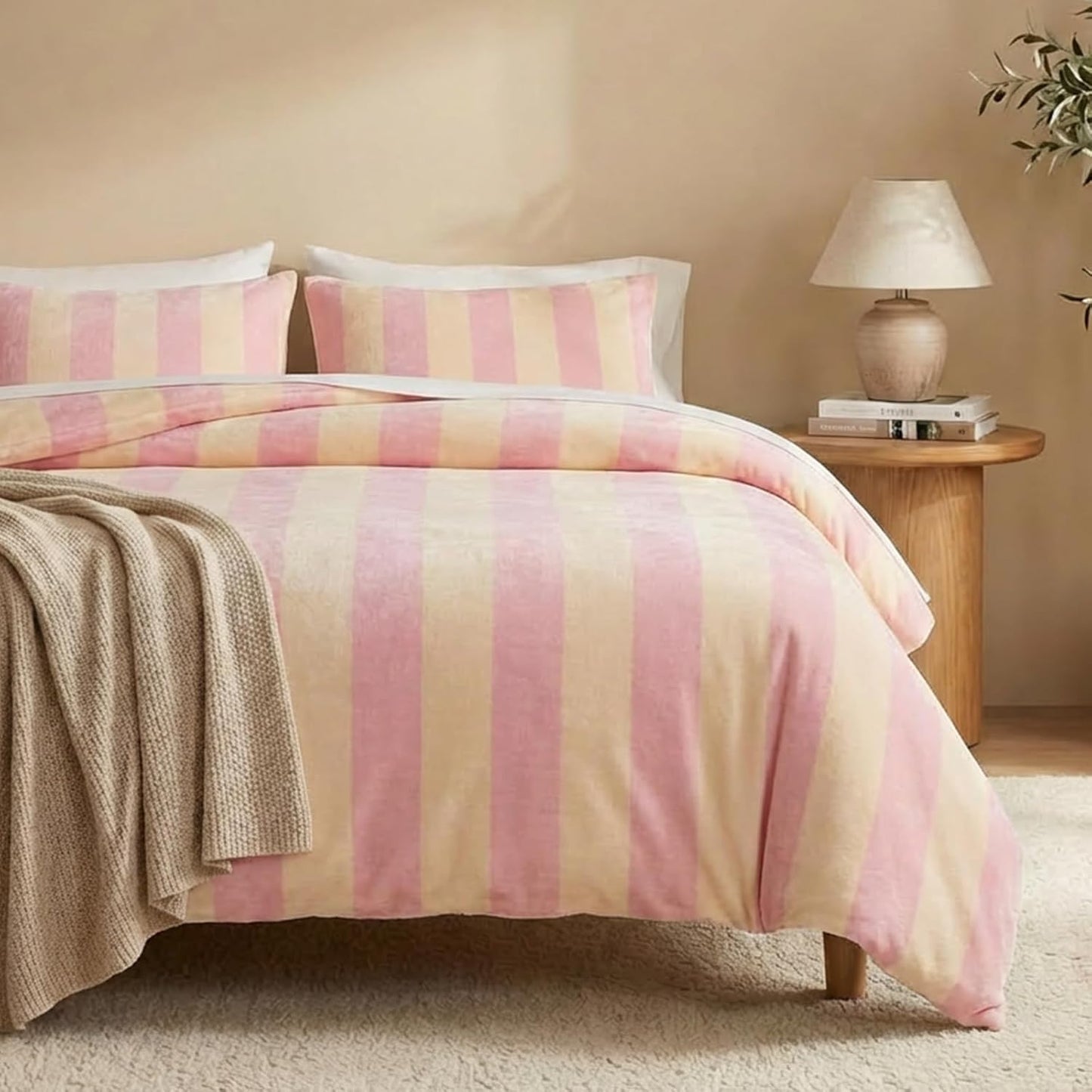 Pink Striped Comforter Set King Size Luxury Velvet Comforter Set Cozy Reversible Fleece Soft & Warm Fluffy Flannel Bedding Blush Yellow Stripes Pattern King Bed Set 3 Pcs with Pillowcases