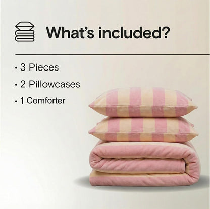 Pink Striped Comforter Set King Size Luxury Velvet Comforter Set Cozy Reversible Fleece Soft & Warm Fluffy Flannel Bedding Blush Yellow Stripes Pattern King Bed Set 3 Pcs with Pillowcases