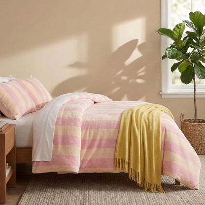 Pink Striped Comforter Set King Size Luxury Velvet Comforter Set Cozy Reversible Fleece Soft & Warm Fluffy Flannel Bedding Blush Yellow Stripes Pattern King Bed Set 3 Pcs with Pillowcases