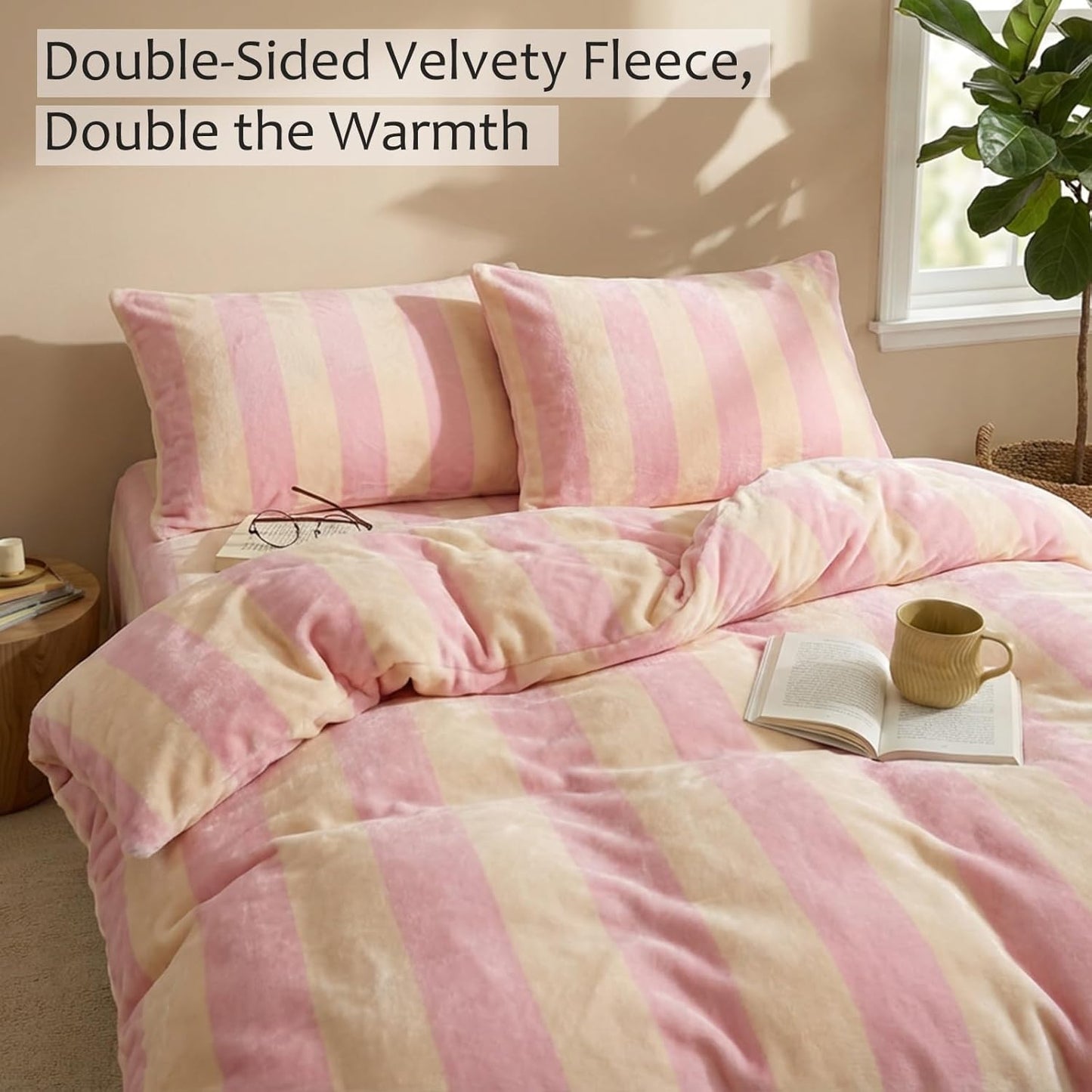 Pink Striped Comforter Set King Size Luxury Velvet Comforter Set Cozy Reversible Fleece Soft & Warm Fluffy Flannel Bedding Blush Yellow Stripes Pattern King Bed Set 3 Pcs with Pillowcases