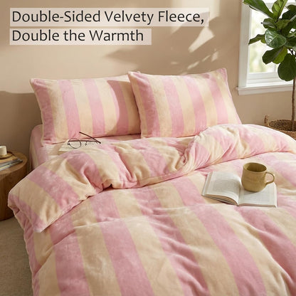 Pink Striped Comforter Set King Size Luxury Velvet Comforter Set Cozy Reversible Fleece Soft & Warm Fluffy Flannel Bedding Blush Yellow Stripes Pattern King Bed Set 3 Pcs with Pillowcases