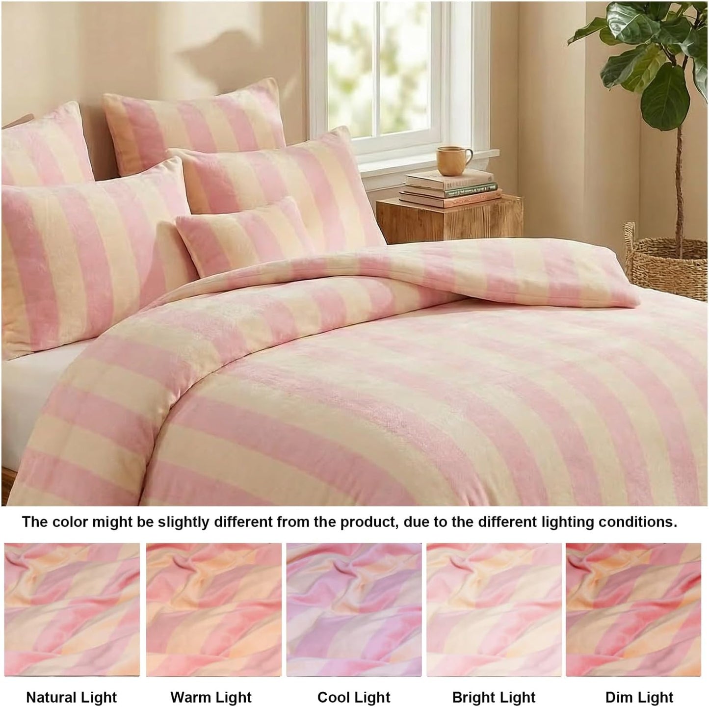 Pink Striped Comforter Set King Size Luxury Velvet Comforter Set Cozy Reversible Fleece Soft & Warm Fluffy Flannel Bedding Blush Yellow Stripes Pattern King Bed Set 3 Pcs with Pillowcases
