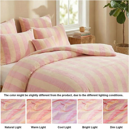 Pink Striped Comforter Set King Size Luxury Velvet Comforter Set Cozy Reversible Fleece Soft & Warm Fluffy Flannel Bedding Blush Yellow Stripes Pattern King Bed Set 3 Pcs with Pillowcases