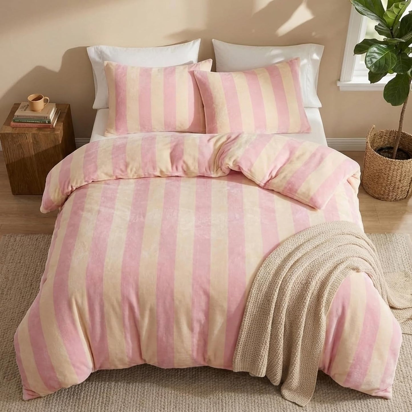 Pink Striped Comforter Set King Size Luxury Velvet Comforter Set Cozy Reversible Fleece Soft & Warm Fluffy Flannel Bedding Blush Yellow Stripes Pattern King Bed Set 3 Pcs with Pillowcases